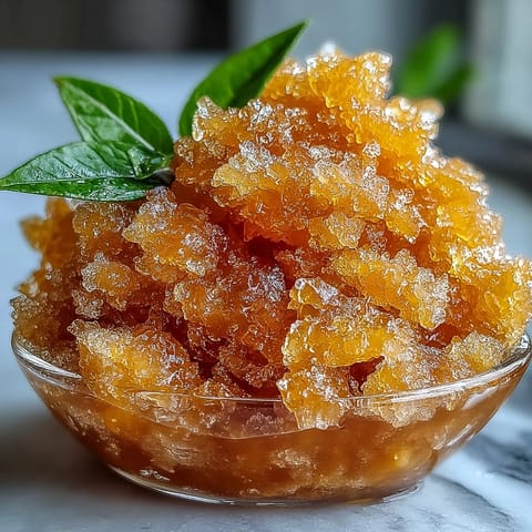 Vibrant mango sorbet granita with delicate icy crystals, perfect for a refreshing summer dessert.  