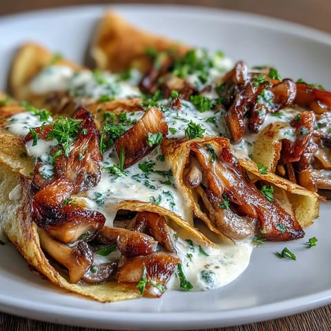 Wild mushroom crepe filling with fresh herbs and creamy sauce in a skillet, ready to be wrapped in delicate crepes.  