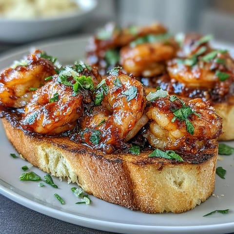 Zesty Calabrian chili shrimp sautéed in garlic oil and served atop toasted rustic bread with fresh parsley and lemon zest.  