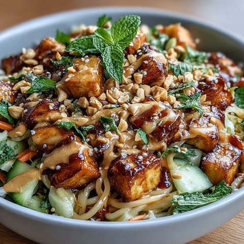 Fresh Asian spring roll bowl with peanut sauce, loaded with crisp vegetables, rice noodles, and creamy sauce for a vibrant vegetarian meal.  