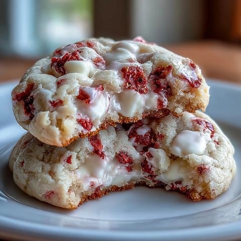 Chewy cookies packed with freeze-dried strawberries and melted white chocolate chips, perfect for Valentine's Day.  