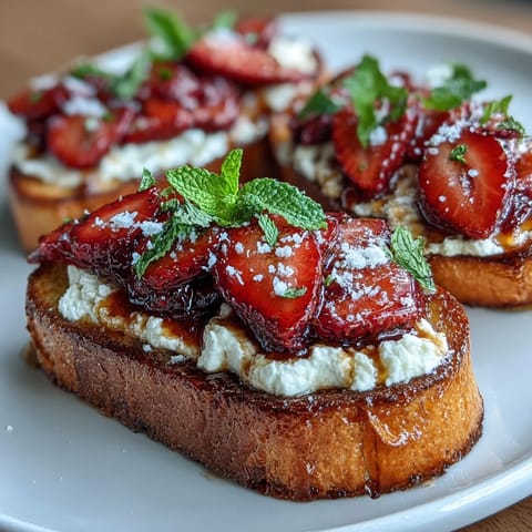 Creamy ricotta spread topped with ripe strawberries and mint leaves, finished with honey and flaky sea salt for a delightful bite.