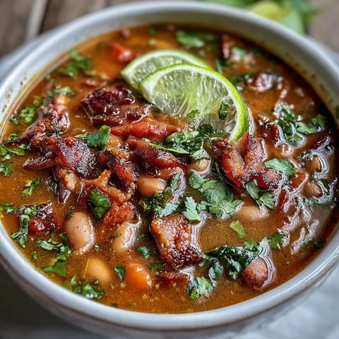 A comforting bowl of Ham and Pinto Bean Soup featuring smoky ham, pinto beans, and colorful diced vegetables simmered to perfection.  