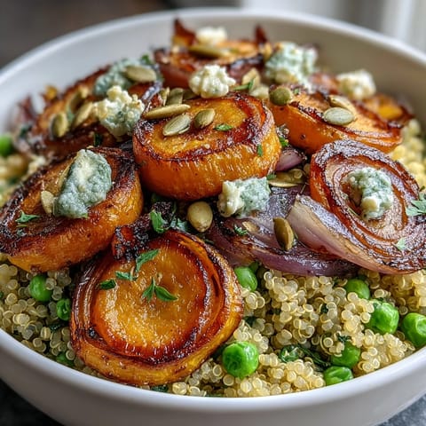 Warm quinoa bowl with roasted carrots and green peas, topped with fresh parsley and pumpkin seeds.  