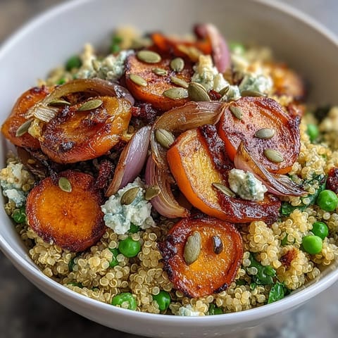Colorful roasted carrot and pea quinoa bowl, drizzled with lemon Dijon dressing for a bright, healthy meal.  