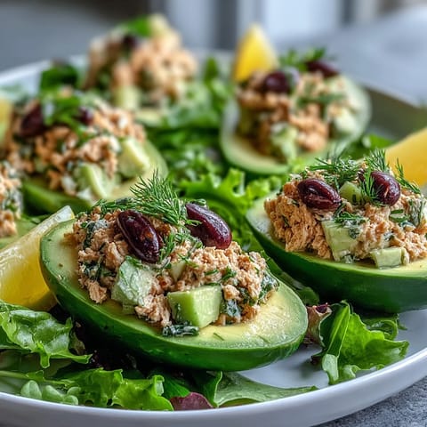 Protein-packed vegan chickpea salad filling avocados for a light, healthy lunch or dinner option.  
