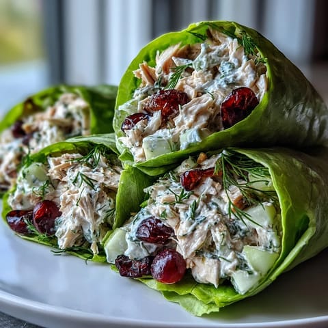 Creamy Greek yogurt chicken salad with crunchy celery and fresh dill, served in cool lettuce cups.  