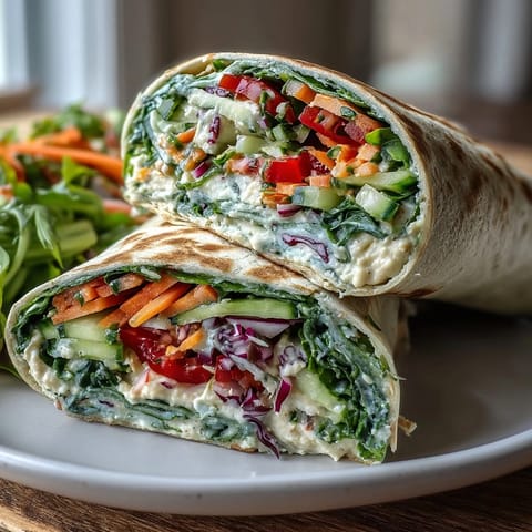 Vibrant spinach tortilla wraps filled with crisp vegetables and smooth hummus, perfect for a healthy lunch.  