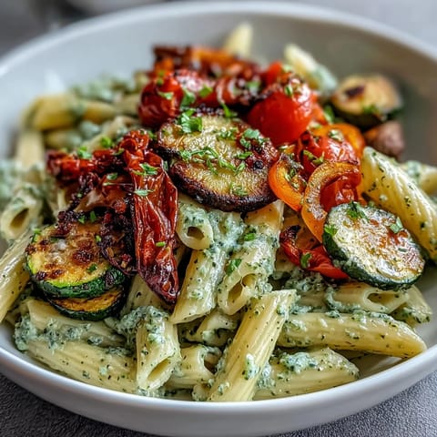 A close-up of creamy pesto-coated pasta mixed with golden roasted vegetables and juicy cherry tomatoes.  