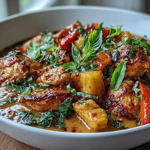 Colorful bowl of one-pot chicken pineapple coconut curry served over jasmine rice with fresh cilantro and lime wedges for a tropical twist.  