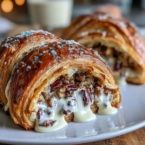 Golden croissants stuffed with rich pecan filling and drizzled with festive Mardi Gras icing.