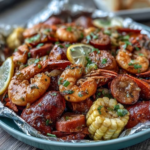 Colorful foil packets filled with crawfish, shrimp, andouille sausage, and fresh veggies, seasoned with Cajun spices.
