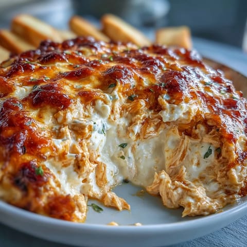 Creamy cottage cheese buffalo chicken dip with shredded chicken, spicy buffalo sauce, and melted cheeses, baked until bubbly and golden.