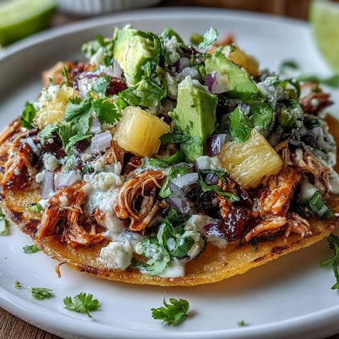 Crispy tostadas piled high with shredded chicken and vibrant pineapple salsa for a zesty, fresh meal.  