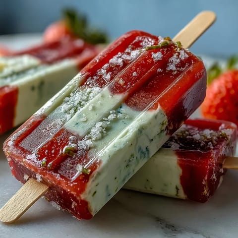 Creamy strawberry matcha latte popsicles with vibrant red and green layers, perfect for a refreshing summer dessert.  