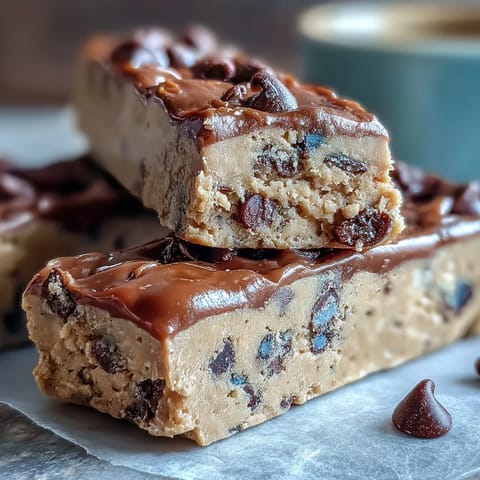 2. Chewy cookie dough protein bars made with almond butter, maple syrup, and mini chocolate chips for a healthy snack.  