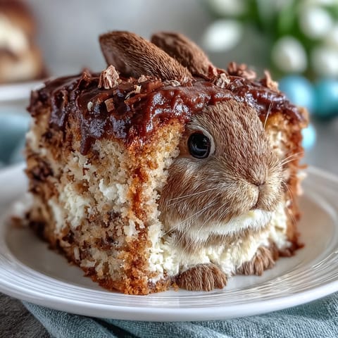 A whimsical Easter bunny cake with fluffy buttercream, shaped like a bunny face, and adorned with shimmering gold sprinkles.