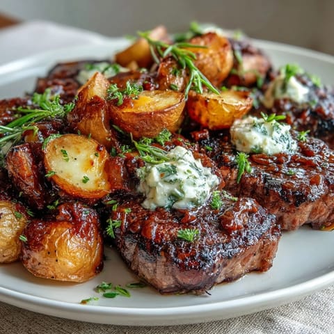 Garlic Butter Steak Bites and Potatoes: golden seared sirloin cubes and crispy potatoes tossed in rich garlic butter sauce.