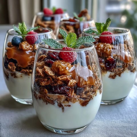 Mothers Day Brunch Yogurt Parfait Bar with Fresh Berries, featuring creamy yogurt, vibrant berries, and crunchy granola in colorful, layered glasses.