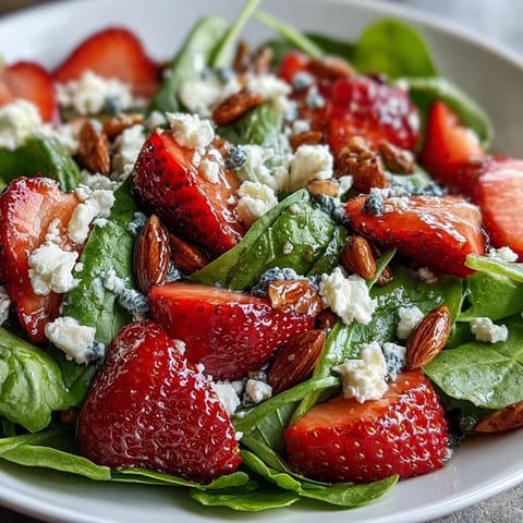 Fresh strawberry spinach salad with poppyseed dressing, vibrant and colorful, featuring juicy berries, leafy greens, and crunchy nuts.