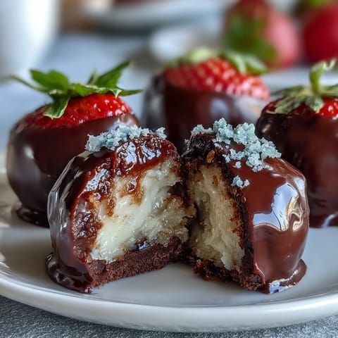Dubai-style strawberry truffles with dark chocolate shell, elegantly dusted with crushed pistachios and rose petals, served on a decorative plate.