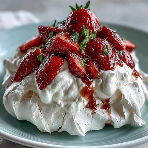 Crisp meringue pavlova topped with whipped cream and fresh strawberries, a delightful dessert with a perfect balance of textures and flavors.