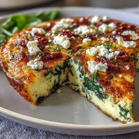 Fluffy spinach and feta frittata with sun-dried tomatoes, golden and baked to perfection for a satisfying vegetarian brunch.  