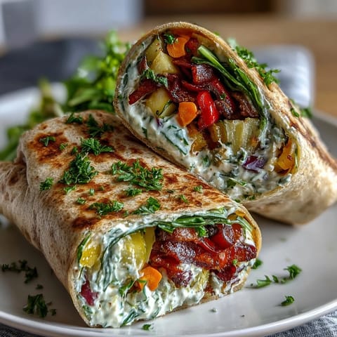Colorful rainbow veggie wraps with crisp bell peppers, carrots, and spinach, perfect for a healthy lunch on the go.
