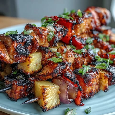 Juicy grilled pineapple chicken skewers with sweet caramelized pineapple and tender marinated chicken.  