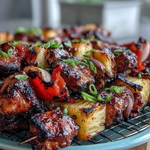 Colorful pineapple chicken skewers with smoky char, vibrant bell peppers, and fresh cilantro garnish.  