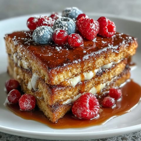 Fluffy pancake casserole baked with fresh berries and creamy custard, a delightful Mothers Day brunch centerpiece.  