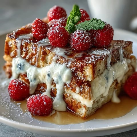 Warm, golden pancake casserole layered with juicy berries and a vanilla-scented custard, perfect for a festive brunch table.  