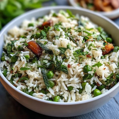Spring Pea and Mint Rice Pilaf with vibrant green peas and fresh mint, a fragrant vegetarian side dish perfect for spring meals.