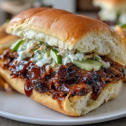 Smoky BBQ brisket piled high on soft slider buns with tangy sauce and crunchy coleslaw.  