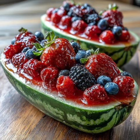 Colorful watermelon fruit platter artfully arranged with berries, mint, and lime slices for a refreshing, crowd-pleasing appetizer.