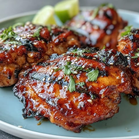 Honey Sriracha Grilled Chicken Thighs sizzling on a hot grill, with caramelized edges and a glossy, spicy-sweet glaze.