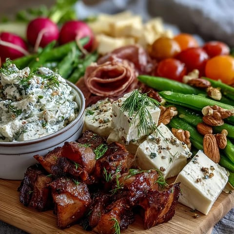Vibrant spring charcuterie board with radishes, peas, and herb dip, perfect for fresh seasonal entertaining.