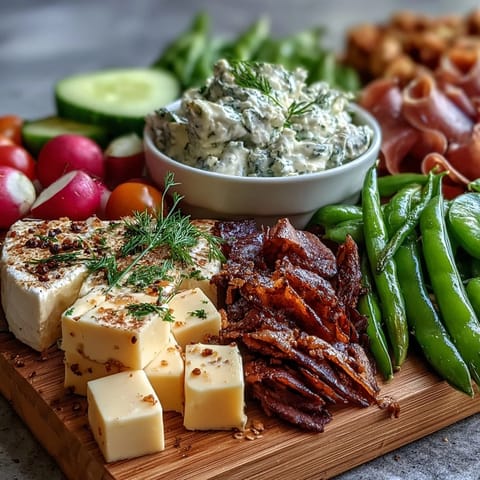 Colorful charcuterie board featuring spring radishes, snap peas, and creamy herb dip, ideal for garden parties.
