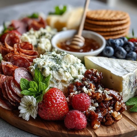 A colorful spring charcuterie board with edible flowers, fruits, meats, and cheeses arranged for a festive appetizer spread.