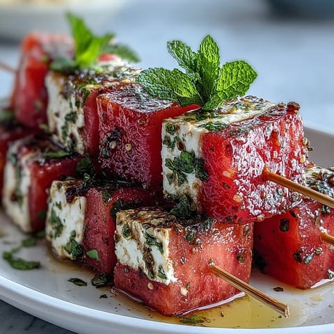 Watermelon Feta Mint Skewers with fresh mint and balsamic drizzle on a wooden platter.