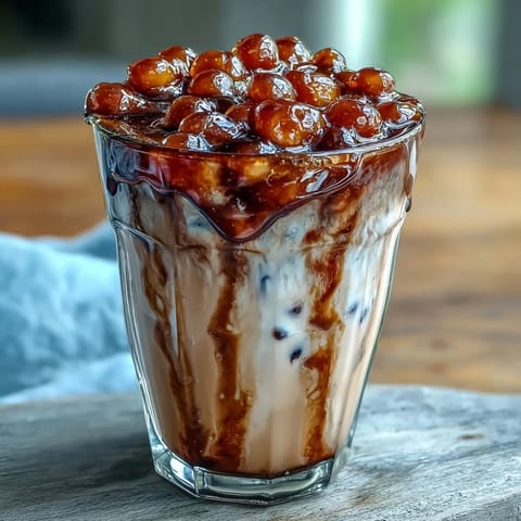 Creamy brown sugar boba milk tea with chewy tapioca pearls and a rich syrup swirl, served over ice in a tall glass.