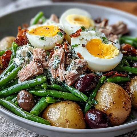 Vibrant Spring Niçoise Salad with tuna, green beans, potatoes, eggs, and olives in zesty vinaigrette.