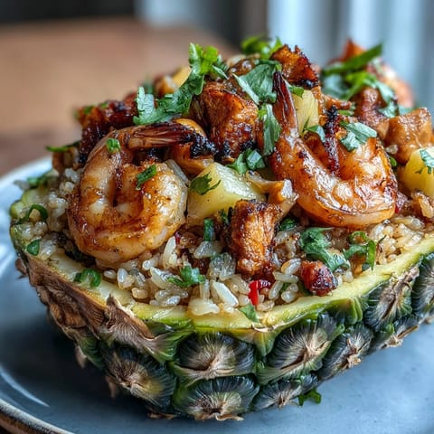 Golden pineapple fried rice mixed with jasmine rice, vegetables, and shrimp, beautifully presented in a pineapple boat.  