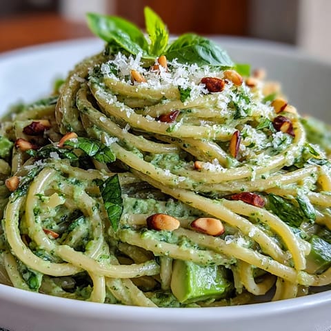 Creamy avocado pesto pasta with fresh basil, ripe avocados, and Parmesan in a no-cook sauce, served over al dente spaghetti.
