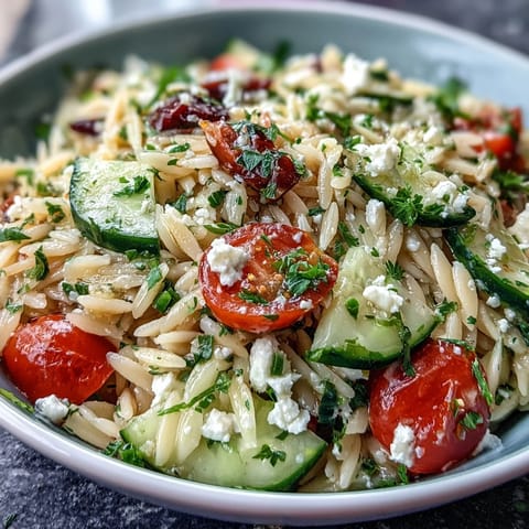 Refreshing Mediterranean orzo pasta salad featuring crisp cucumber, creamy feta, and zesty lemon vinaigrette.  