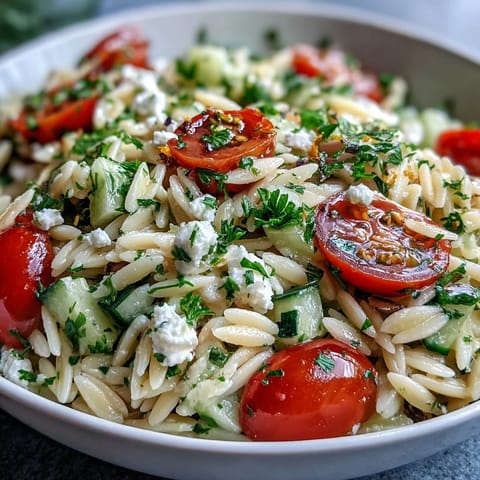 Vibrant orzo salad with cucumber, feta, and lemon dressing, perfect for a light summer meal.  