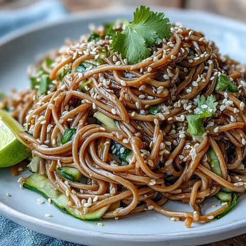 Chilled soba noodle salad with sesame ginger dressing, vibrant and refreshing.