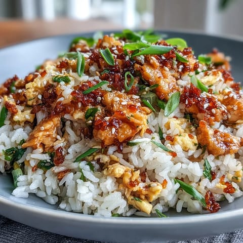 Crispy chili crisp egg fried rice with fluffy scrambled eggs and fragrant scallions in a sizzling wok.  