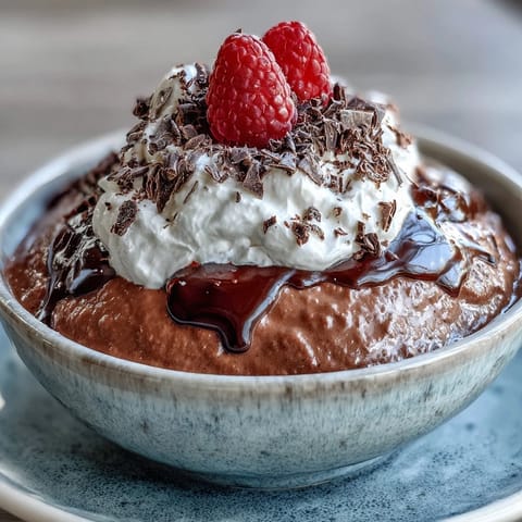 Creamy cottage cheese chocolate mousse topped with fresh berries on a spoon.