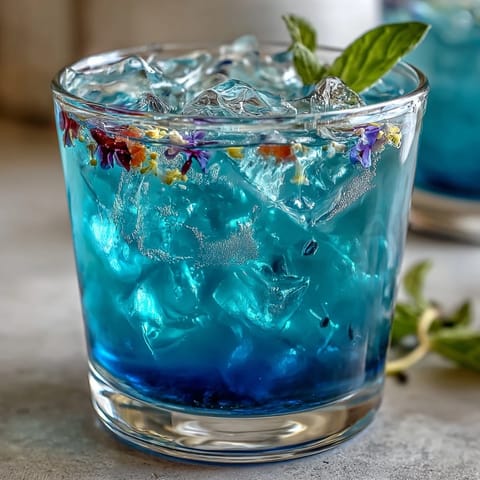 Close-up of Butterfly Pea Flower Lemonade, showcasing its stunning color-changing effect with ice.